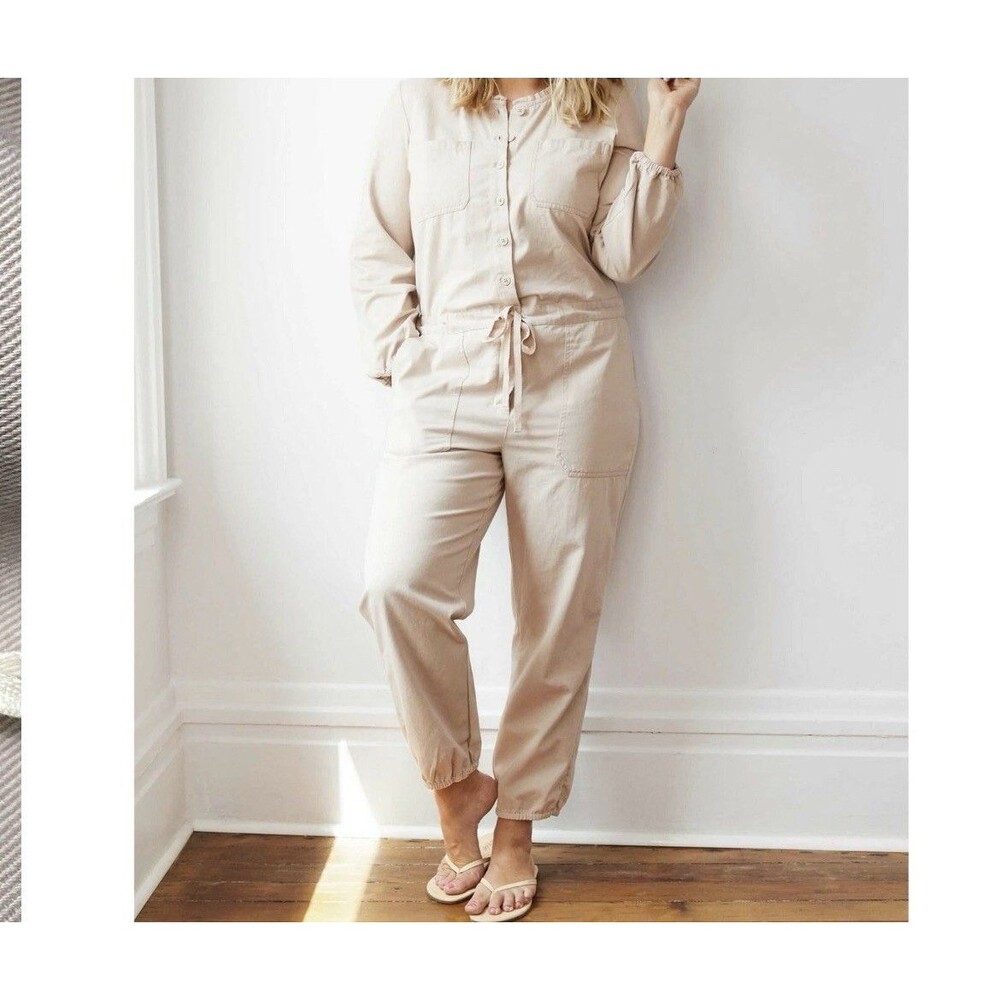 Aerie Blush Pink Utility Jumpsuit Sz L Button Front Tie Waist Boiler Suit Ruffle